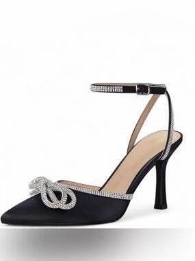 Elegant Black Rhinestone Ankle-Strap Pumps